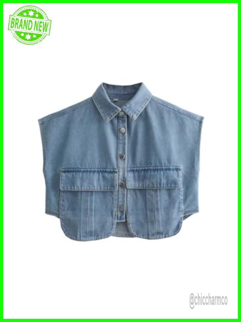 Cropped Denim Button Down Shirt Sleeveless With Pockets